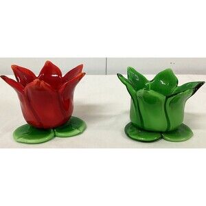 Red & Green Art Glass 3” Tulip Votive Candle Holders Set Of 2